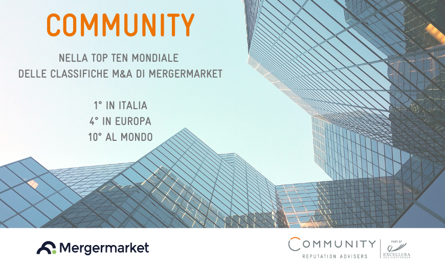 Community listed in the world’s M&A rankings top ten: 1st by value in Italy e 4th in Europe